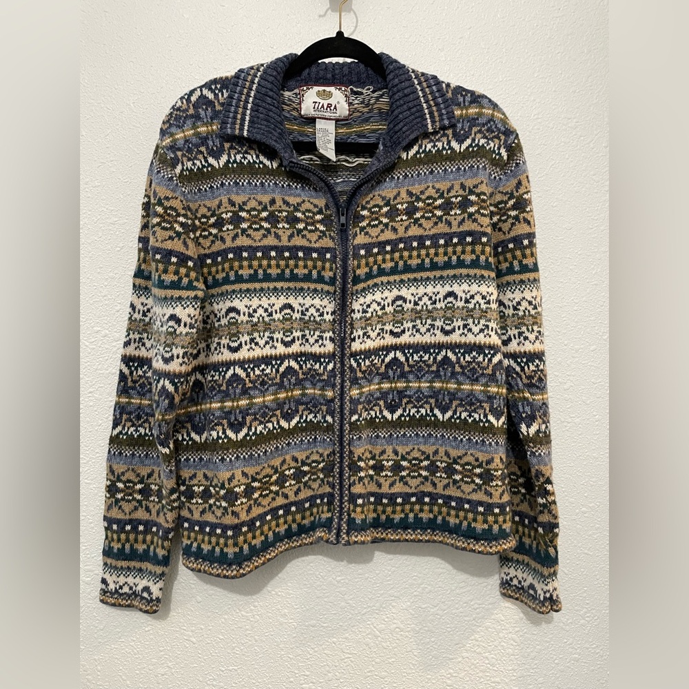 VTG Tiara International Full Zip Cardigan Sweater Jacket Fair Isle Size Large